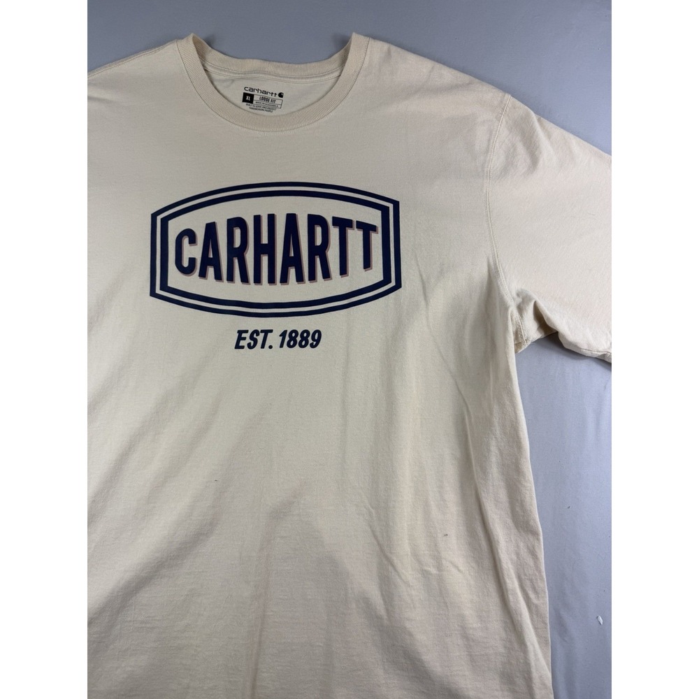 Carhartt beige loose fit ss t-shirt, big blue logo, men's xl tee
